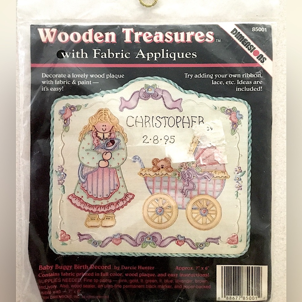Vintage Dimensions Wooden Treasures Fabric Appliqué  Baby Birth Record #85001